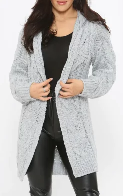 Outlet ???? IKRUSH Lexi Cable Knit Long Line Hooded Cardigan In Grey ✔️