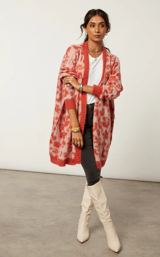 Best Pirce ???? Religion Longline Fame Cardigan In Burnt Orange Leopard Spot Jacquard ???? 1 Best Pirce ???? Religion Longline Fame Cardigan In Burnt Orange Leopard Spot Jacquard ????