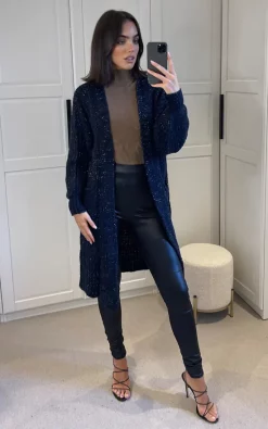 Cheapest ???? SIGNAGE Oversized Navy Lurex Knit Longline Cardigan With Pockets And Balloon Sleeves ✨ -Aftershock London Shop unnamed file 683