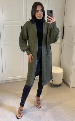 Flash Sale ❤️ SIGNAGE Oversized Khaki Green Knit Longline Cardigan With Pockets And Balloon Sleeves ????