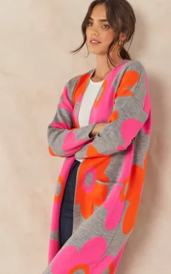 Promo ???? Jenerique Floral Print Longline Cardigan In Fuchsia/Orange ❤️