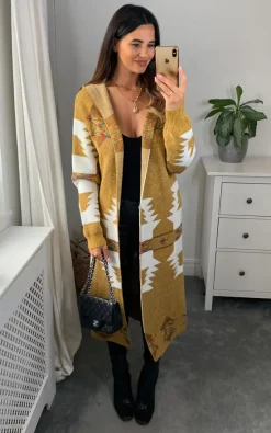 Wholesale ???? APRICOT Mustard Aztec Longline Hooded Cardigan ????