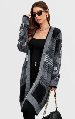 Outlet ???? FS Collection Relaxed Check Cozy Soft Cardigan In Grey ????