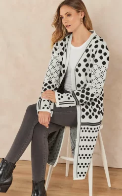 Promo ⌛ Jenerique Black/White Longline Cardigan In Polka Dot / Stripe Print ????