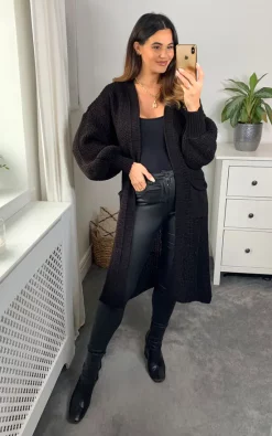 Best deal ???? HOXTON GAL Oversized Long Sleeves Midi Knitted Cardigan With Pocket Details In Black ⌛