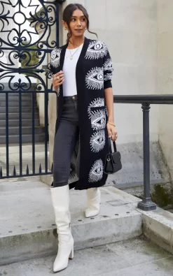 Top 10 ⭐ Liquorish Eye Pattern Longline Cardigan In Black ????