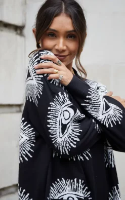 Top 10 ⭐ Liquorish Eye Pattern Longline Cardigan In Black ???? -Aftershock London Shop unnamed file 763