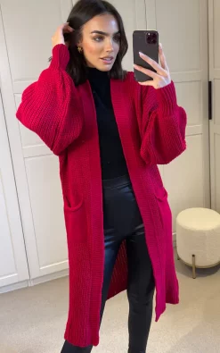 Cheap ???? SIGNAGE Oversized Red Knit Longline Cardigan With Pockets And Balloon Sleeves ????