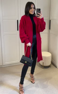 Cheap ???? SIGNAGE Oversized Red Knit Longline Cardigan With Pockets And Balloon Sleeves ???? -Aftershock London Shop unnamed file 788