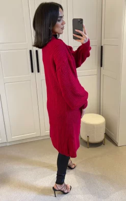 Cheap ???? SIGNAGE Oversized Red Knit Longline Cardigan With Pockets And Balloon Sleeves ???? -Aftershock London Shop unnamed file 789