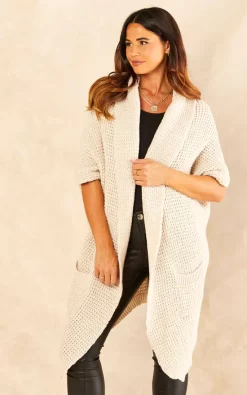 Flash Sale ❤️ Love Quebec Longline Roll Front Slouch Knit Cardigan In Cream ⌛