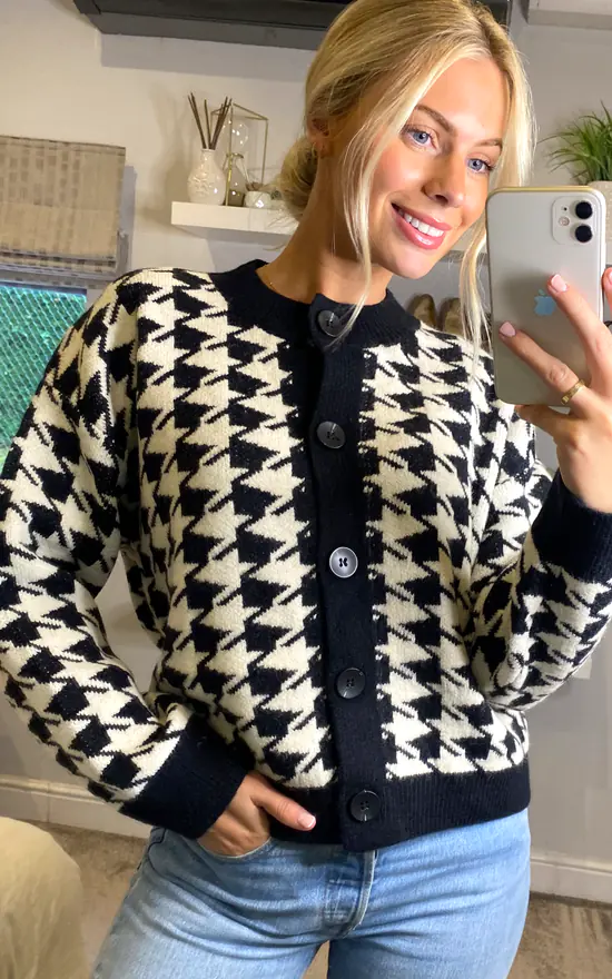 Best Pirce ???? Yumi Houndstooth Cardigan In Black ???? 2 Best Pirce ???? Yumi Houndstooth Cardigan In Black ???? - Image 2