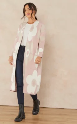 Coupon ???? Jenerique Floral Print Longline Cardigan In Pink/Beige ✨