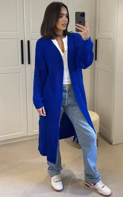 Coupon ⭐ Aftershock London Knitted Longline Cardigan With Pockets In Royal Blue ✔️