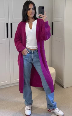 Best Sale ???? Aftershock London Knitted Longline Cardigan With Pockets In Purple ????