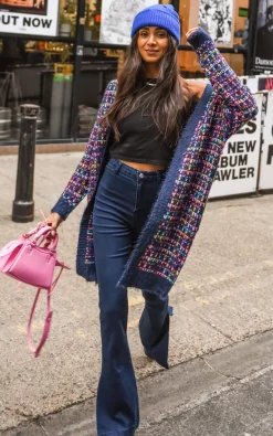 Hot Sale ???? FS Collection Pink Mix Multi Colour Speckles Boucle Check Cardigan In Navy ????