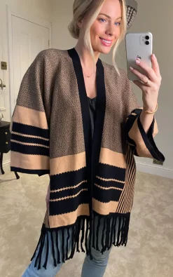 Best Sale ✔️ Cameo Rose Brown Kimono Sleeve Knit Cardigan With Black Stripes ????