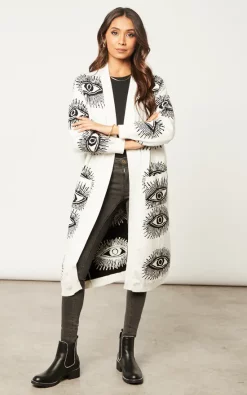 Budget ???? Liquorish Eye Pattern Longline Cardigan In White ????