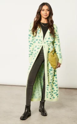 Promo ???? Liquorish Fluffy Longline Cardigan In Green Animal Print ????