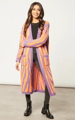 Budget ✔️ Liquorish Longline Cardigan In Orange And Lilac Zebra Pattern ????