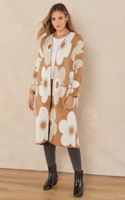 Budget ✨ Jenerique Floral Print Longline Cardigan In Camel/White ✔️