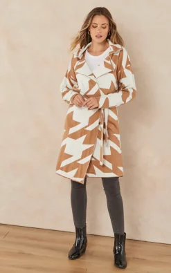 Wholesale ???? Jenerique Longline Cardigan With Belt In Camel/White Goose Foot Print ????