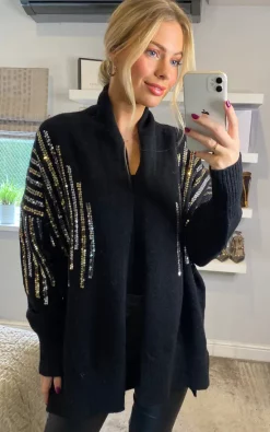 Budget ???? CY Boutique Sequin Embellished Shoulder And Front Soft Knit Cardigan In Black ????