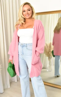 Cheapest ???? IKRUSH Aoife Longline Knitted Cardigan With Pocket Detail In Salmon ❤️