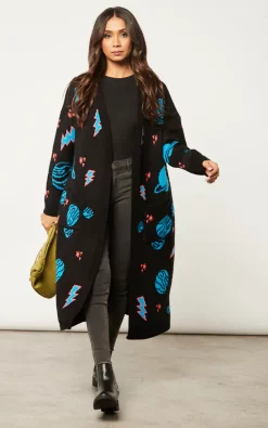 Top 10 ⌛ Liquorish Cosmic Pattern Open Front Cardigan In Black, Turquoise & Orange ????